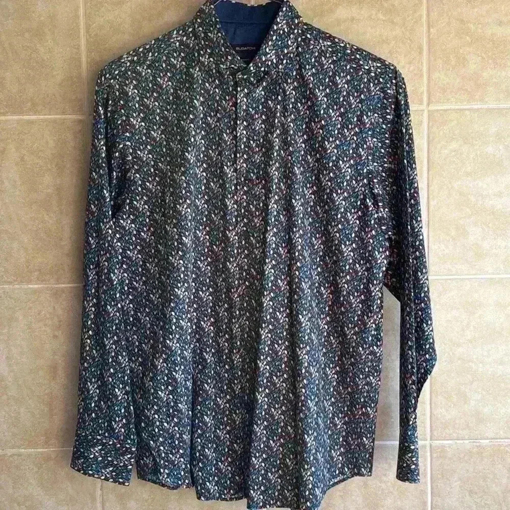 Bugatchi Navy Leaf Print Button‎ Down Classic Fit Long Sleeve Dress Shirt Large